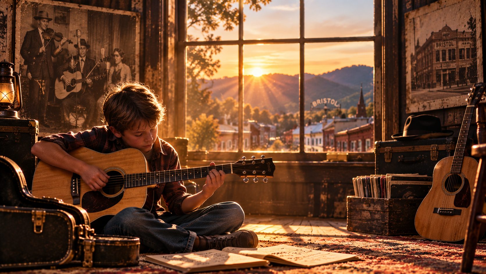 Boy playing guitar by a window overlooking Bristol at sunset
